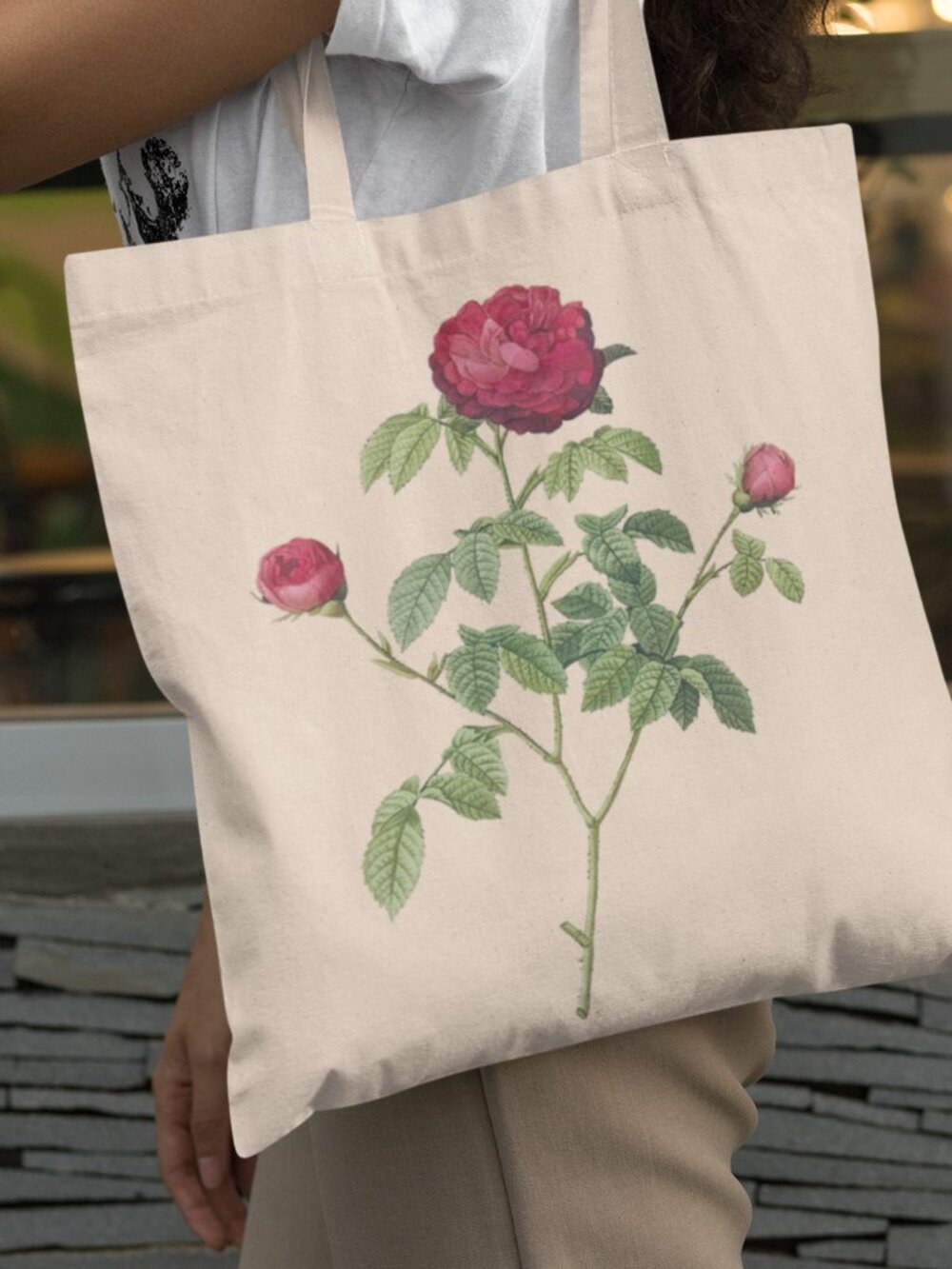 French Rose Vintage Floral Print Graphic Canvas Tote Bag